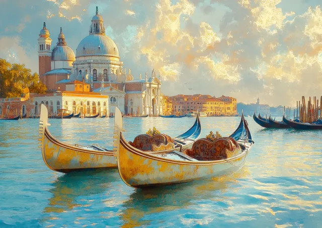 Gondolas on Venice Canal with Cathedral at Golden Twilight