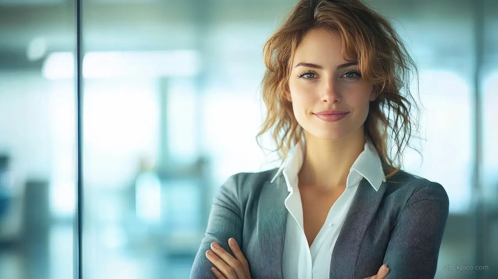 A confident businesswoman CEO stands with arms crossed in a modern office with softly blurred background light.