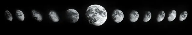 Sequential moon phases from crescent to full moon across a black sky, showing cratered lunar textures.