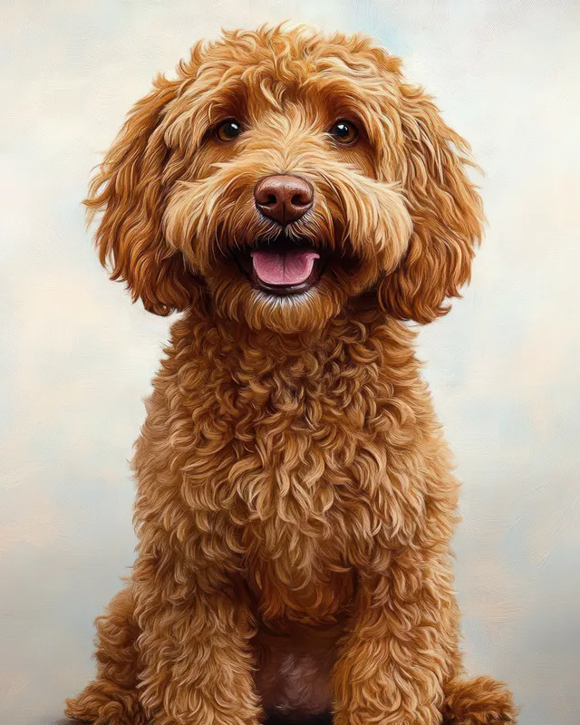 A curly-haired brown dog sits facing the camera with an open-mouthed smile on a neutral background.