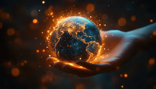 Glowing Earth cradled in a hand with data streams and network lines