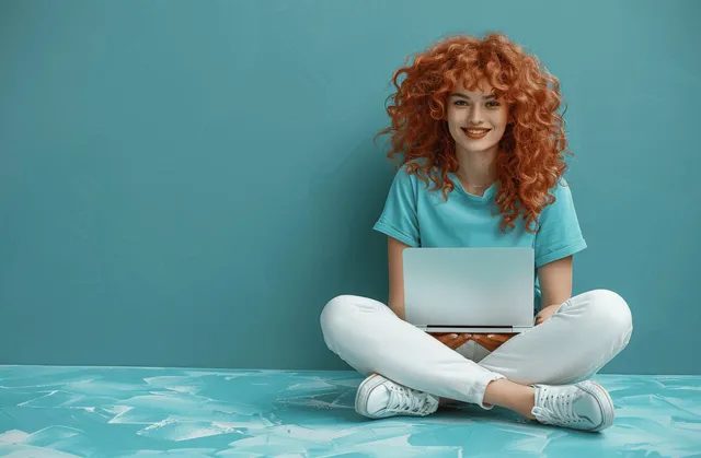 Cheerful ginger woman in lotus pose using laptop while studying on floor against blue wall