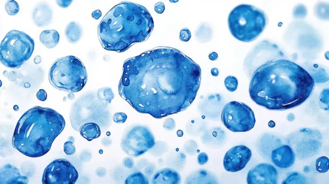 Various blue water droplets of different sizes float on a bright background with glossy spherical highlights.