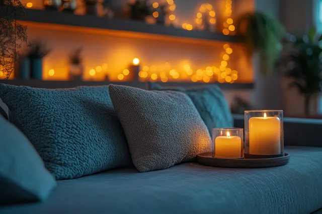 Candles glow beside a sofa with soft pillows while blurred Christmas lights and decor appear in the background.