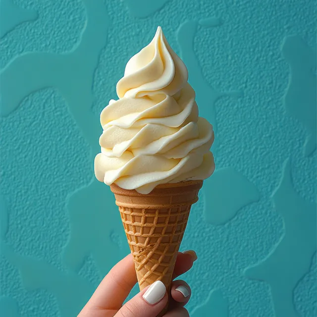 Hand holding a vanilla soft serve cone with creamy swirls on turquoise texture