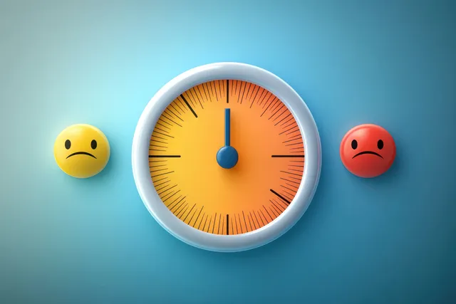 Centered orange timer with a blue hand at twelve flanked by two sad emoticon faces on a blue background.