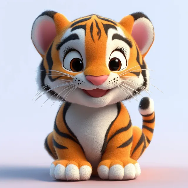 A cute 3D cartoon tiger character sits and smiles toward the camera on a light background.