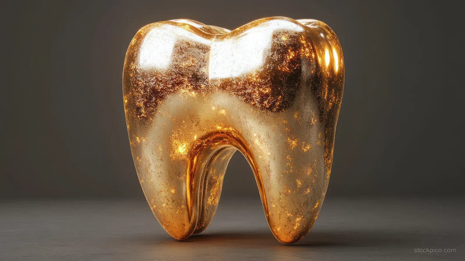 A golden tooth sculpture is displayed on a gray surface with soft lighting and detailed metallic reflections.