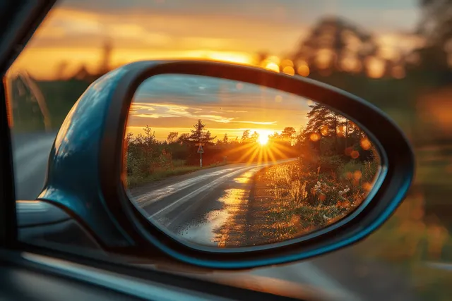 Car rear-view mirror reflecting a sunset sunburst on an empty highway with rural scenery behind it.