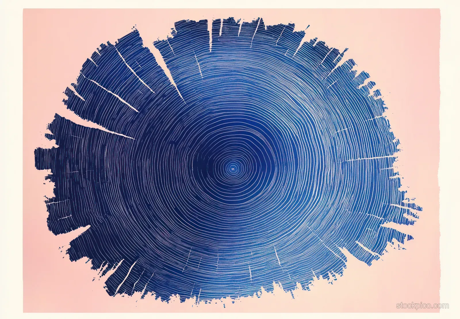 Concentric tree-ring cross-section with radial cracks on a light pink background.