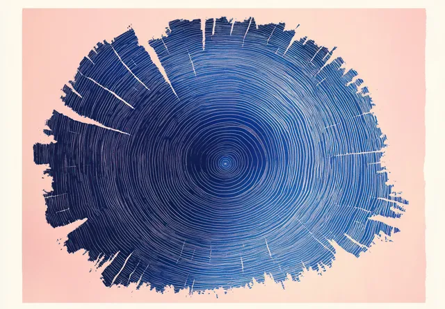 Concentric tree-ring cross-section with radial cracks on a light pink background.