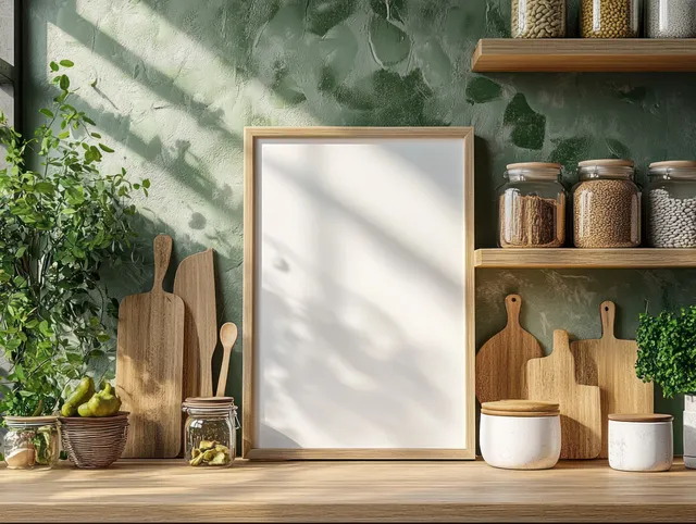 Blank picture frame on a shelf with wooden utensils and jars beside a green wall and plants.