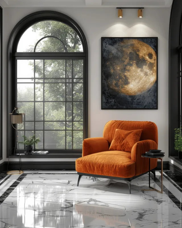 Bright minimalist living room with an orange armchair, black-framed poster, marble floor, and an arched window.