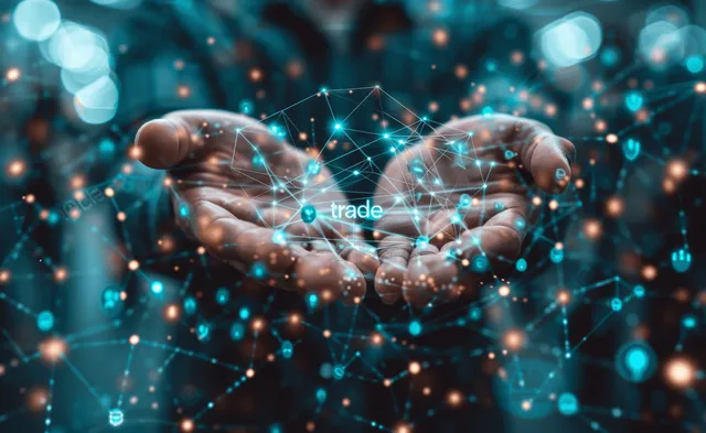Hands of a businessman exchanging digital trade messages through glowing AI network links