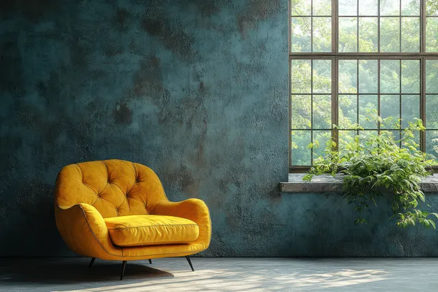 Vintage yellow armchair by sunlit window in rustic minimalist room with textured wall
