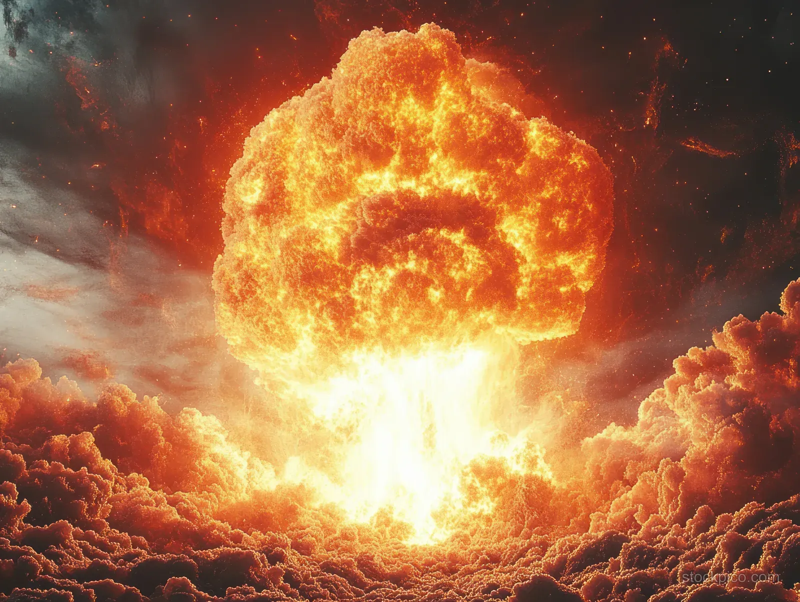 A blazing explosion creates a towering mushroom cloud above turbulent red-orange storm clouds.