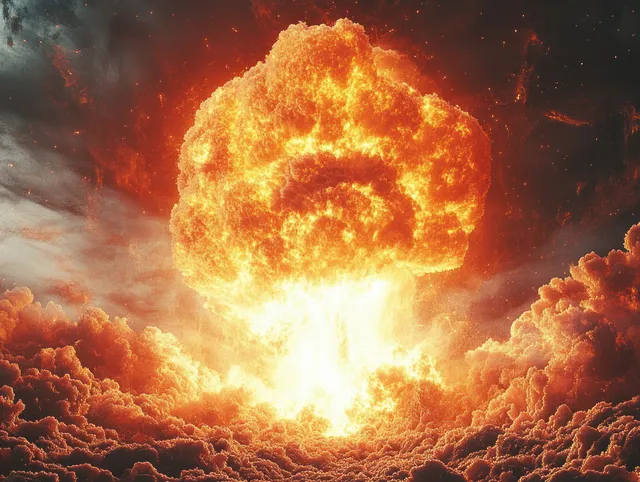 Fiery explosion with mushroom cloud rising through storm clouds, blazing orange and red