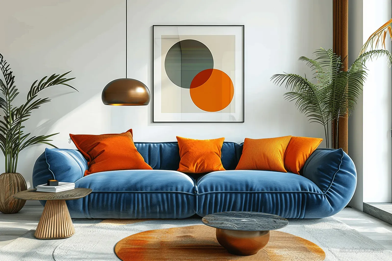 Blue velvet sofa with orange cushions sits in a minimalist Scandinavian living room beside framed abstract art and potted plants.