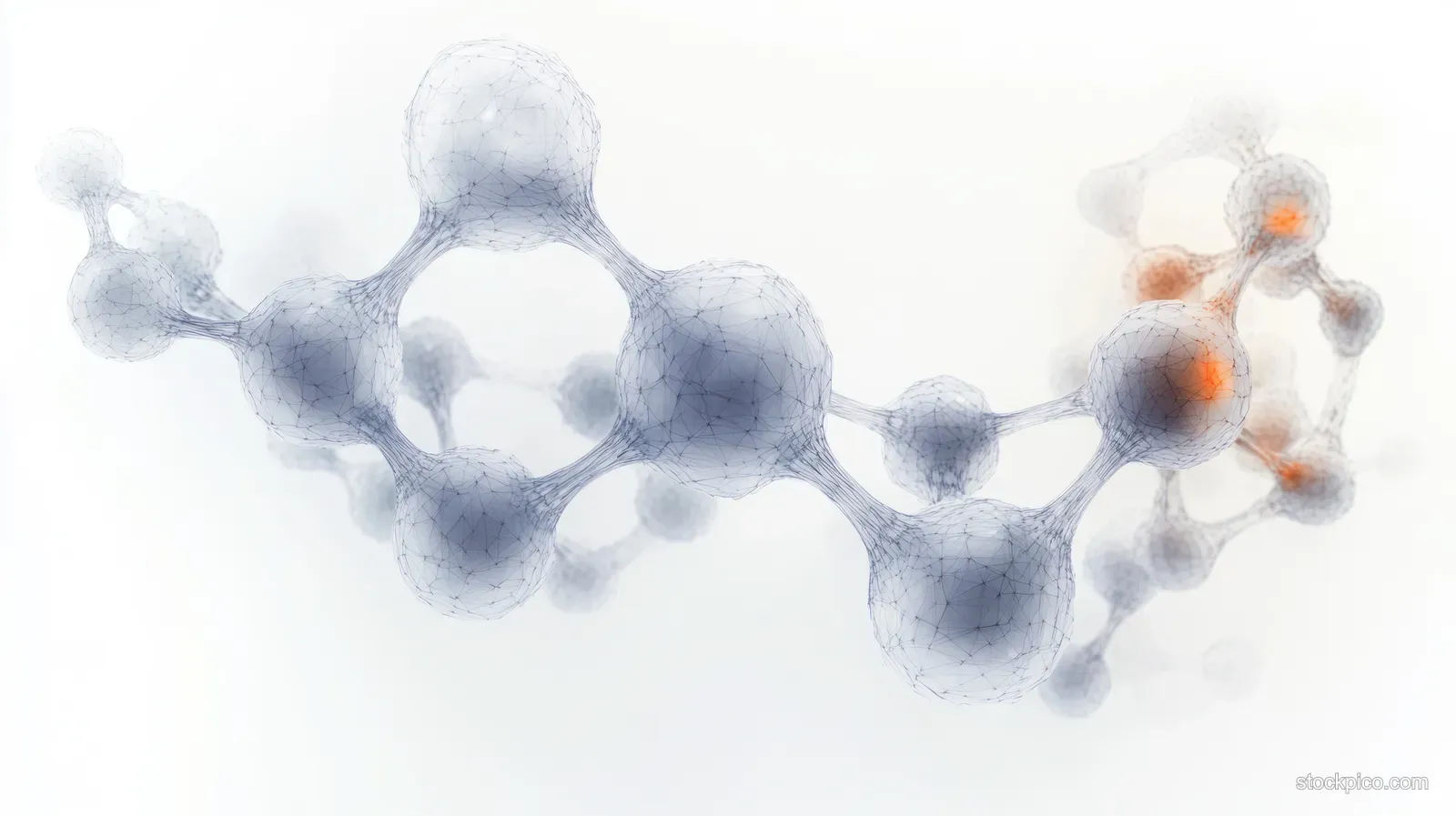 Translucent molecular model with glowing atom spheres and connecting bonds over a soft abstract background.