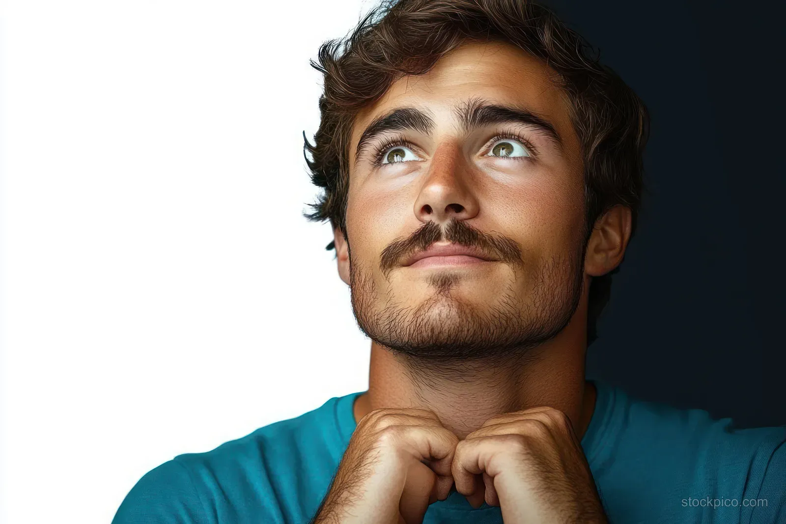 Young man with hands clasped under his chin gazes upward against a split black and white background.