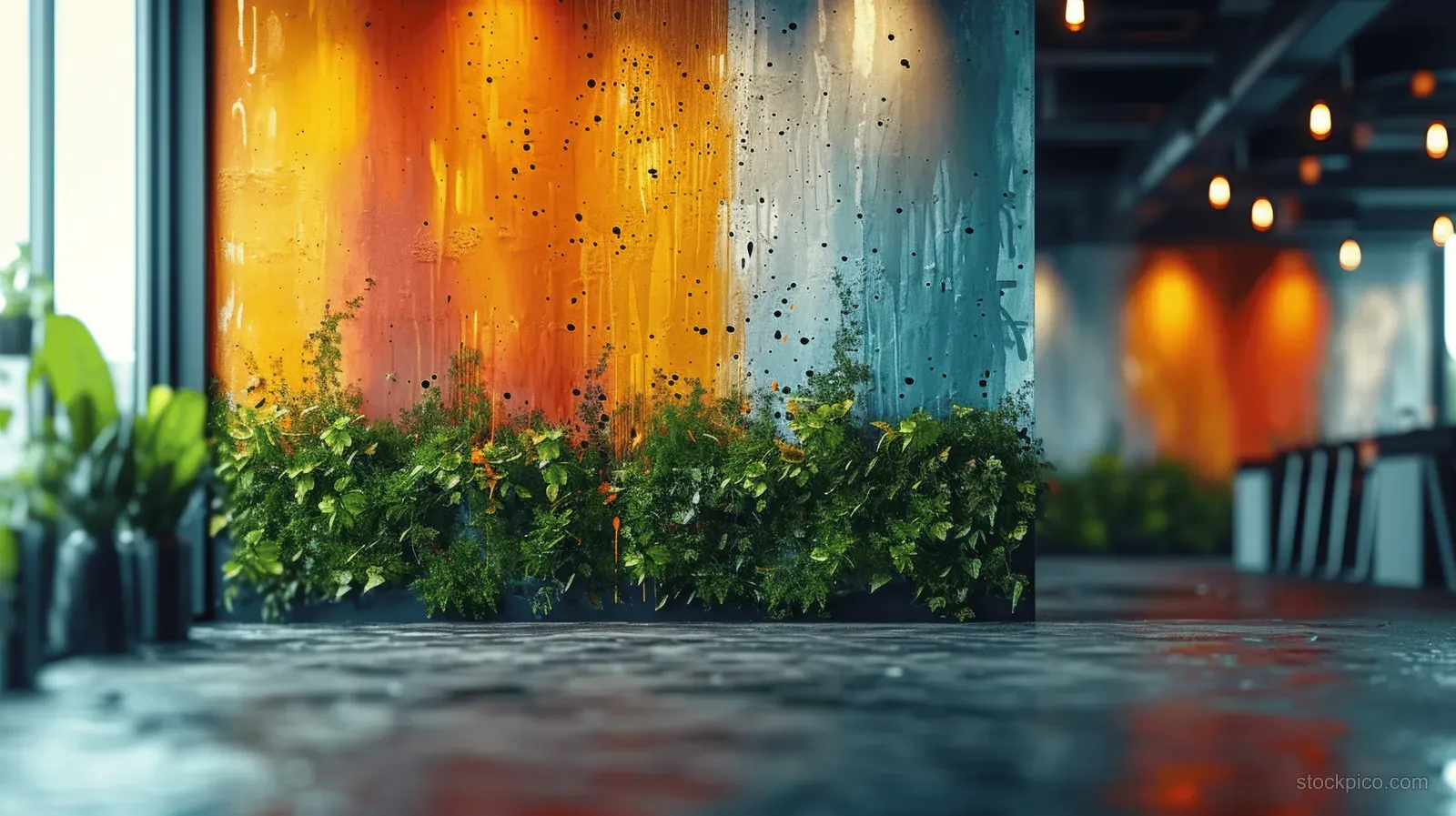 Colorful graffiti mural on a weathered concrete wall with green plants below.