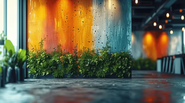 Colorido mural de grafiti en una pared de concreto desgastada con plantas verdes debajo.
