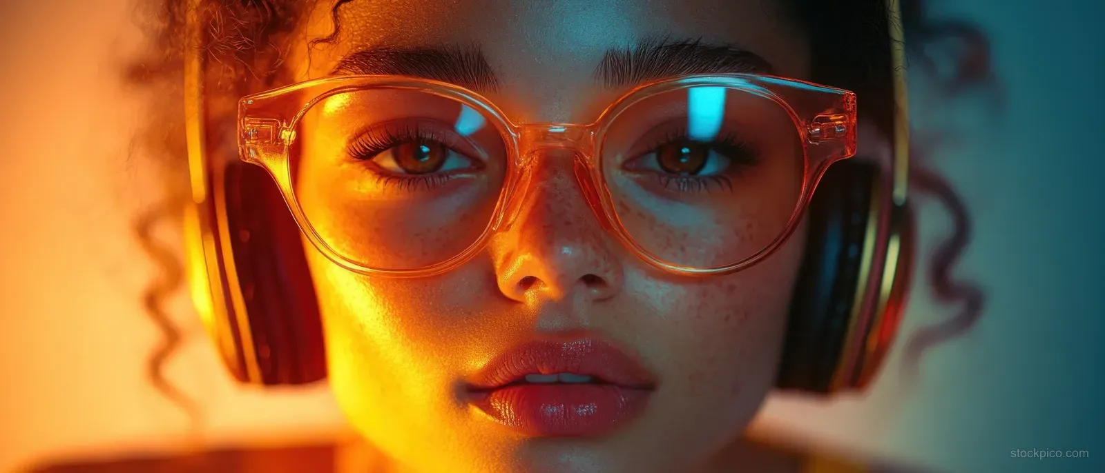 A woman wearing headphones and sunglasses poses on a beach under dramatic warm sunlight.