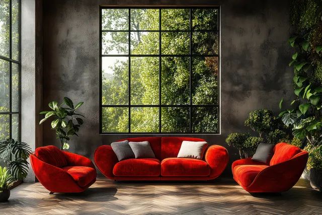 Red sofa and armchairs sit in a minimalist living room under a large grid window with wooden flooring and potted plants.