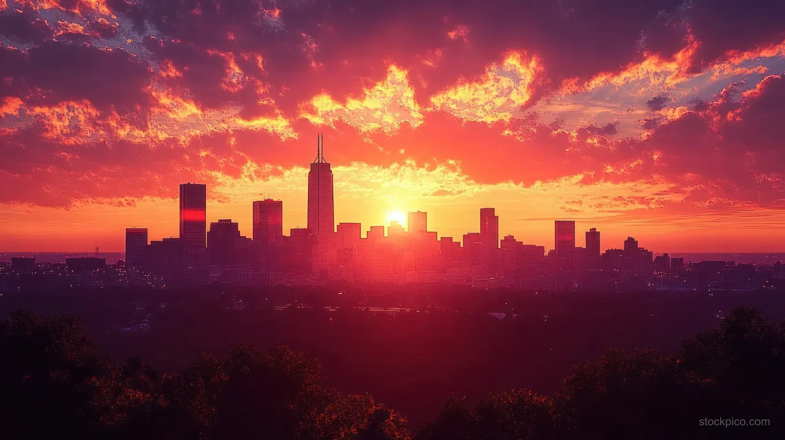 Silhouetted city skyline of skyscrapers against an orange and pink sunset with dramatic clouds and sun on the horizon.