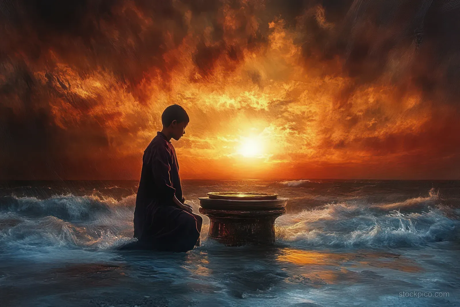 Silhouetted person kneeling in shallow ocean water at sunset beside a stone pedestal and glowing horizon.