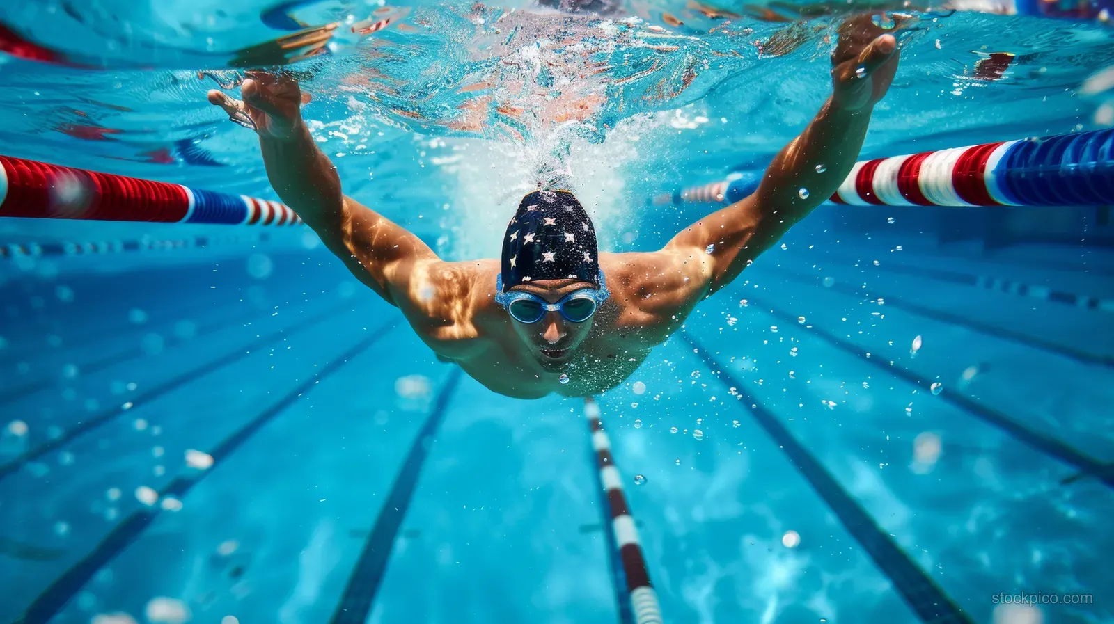 A swimmer backstrokes underwater with arms extended forward in a blue pool between lane lines.