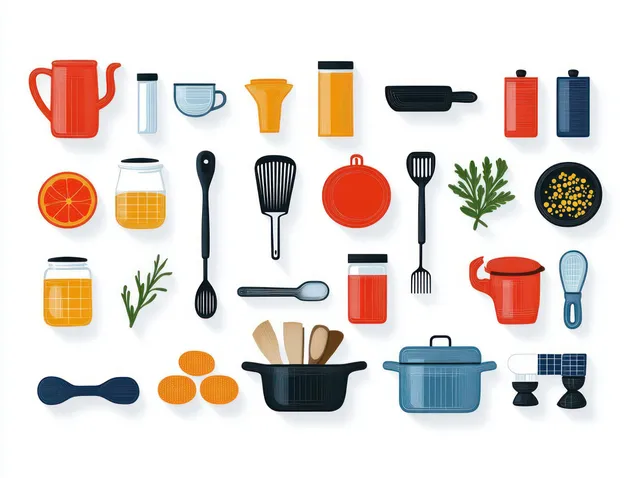 Colorful illustrated kitchen utensils including teapot, ladles, pans, measuring cups, and spice containers arranged evenly.