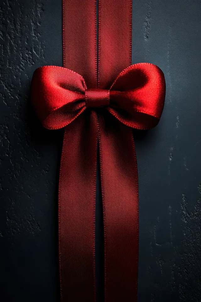 A red satin bow sits on a matte black gift box with a vertical ribbon and soft shadows.