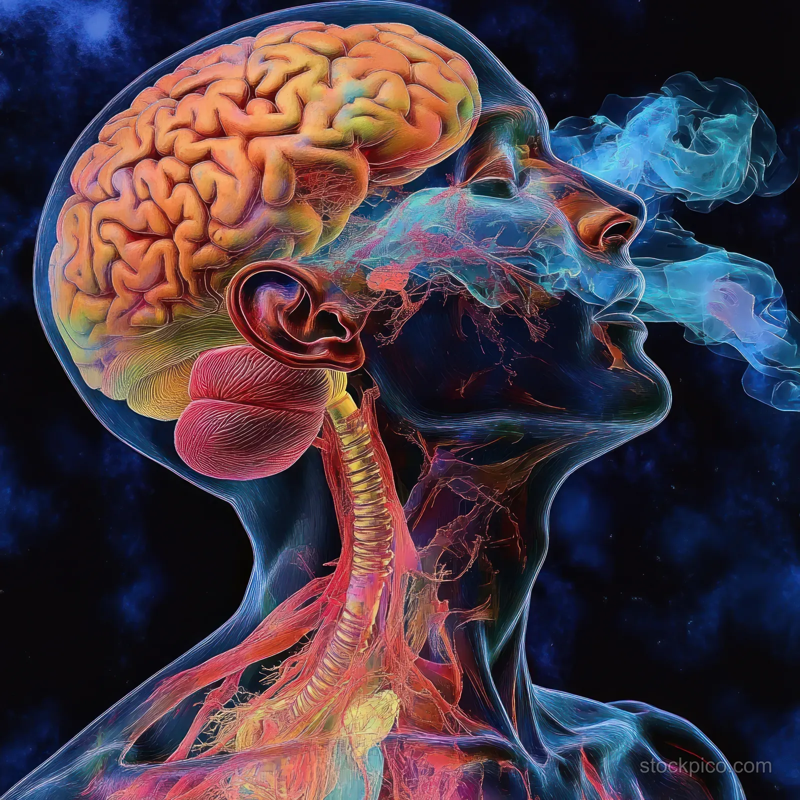 Side-profile human head illustration with glowing brain and respiratory system, surrounded by swirling colorful overlays.