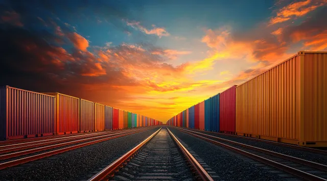 Freight train tracks lead past stacked cargo containers under an orange sunset with dramatic clouds.