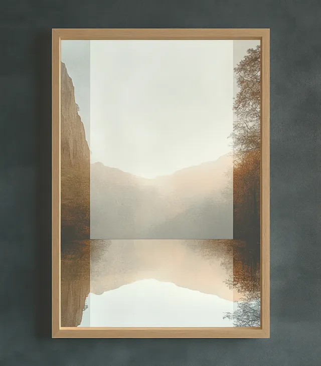 A wooden minimalist poster frame is mounted on a green wall with soft natural light and a blank white insert.