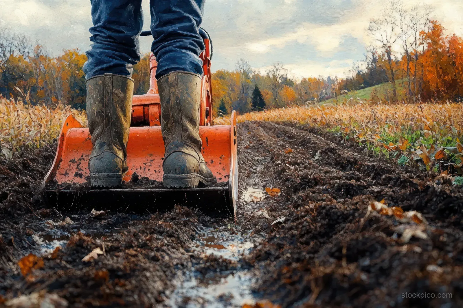Muddy boots stand on an orange excavator bucket while digging fresh soil in an autumn field under cloudy skies.