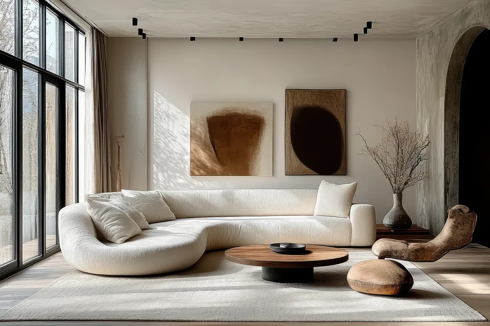 Minimalist Scandinavian Living Room With Curved Sofa, Warm Wood Floors, and Large Windows