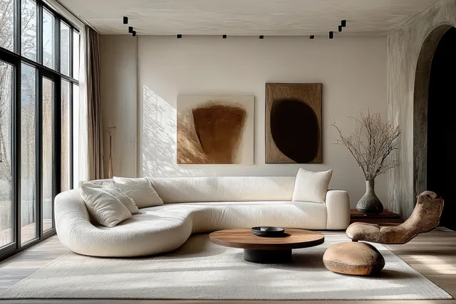 Minimalist Scandinavian Living Room With Curved Sofa, Warm Wood Floors, and Large Windows