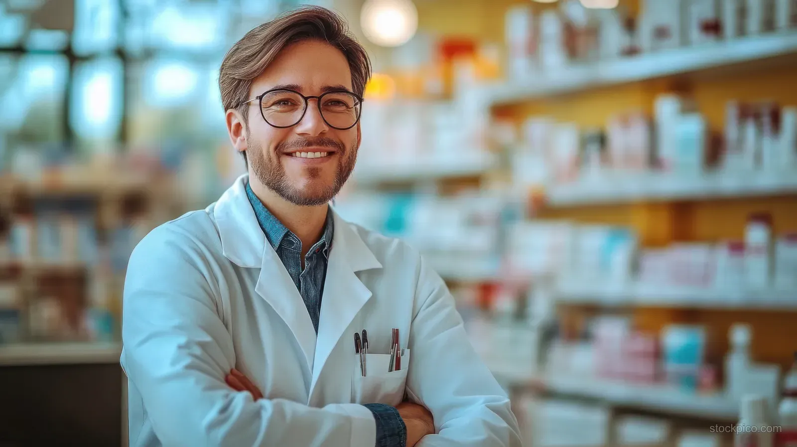 Smiling pharmacist in a lab coat reviews a prescription at a pharmacy counter with shelves in the background.