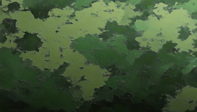 Textured abstract camouflage pattern in earthy greens, layered brush-like shapes for fabric design