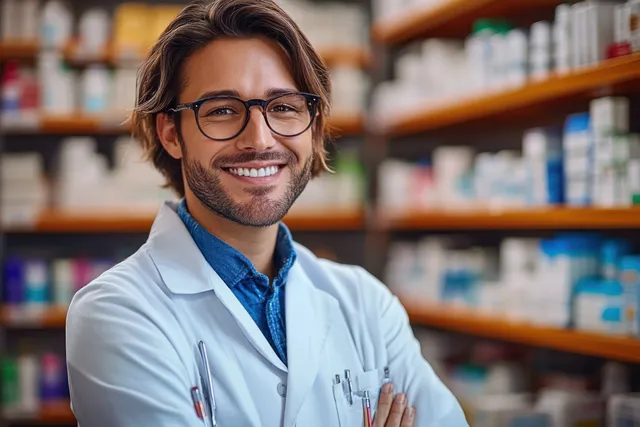 Smiling pharmacist in a white coat with glasses standing in a pharmacy aisle