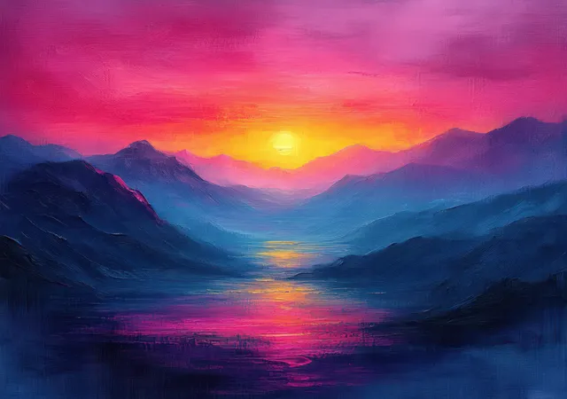 Sunset valley landscape with impressionist brushstrokes, glowing horizon, and layered color texture