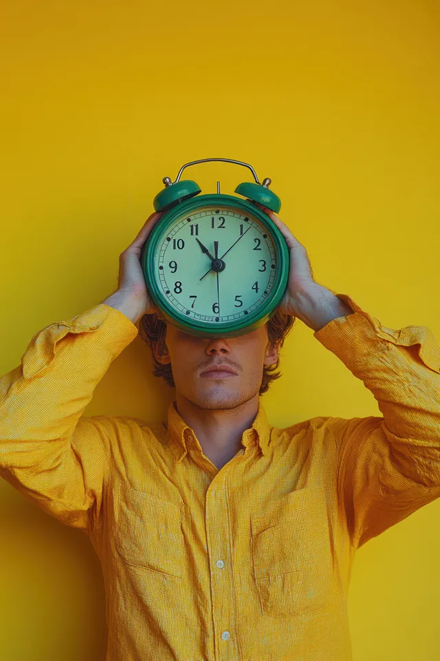 Person in a yellow shirt holds a large green vintage alarm clock covering their face against a yellow background.