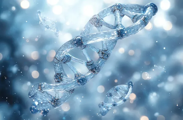 Glowing transparent double helix DNA strands floating in luminous blue scientific space