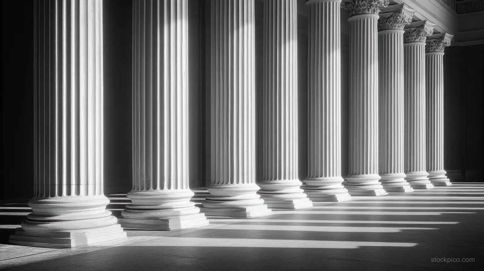 Monochrome fluted columns in a corridor cast long shadows across a stone floor.
