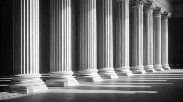 Monochrome fluted columns in a corridor cast long shadows across a stone floor.
