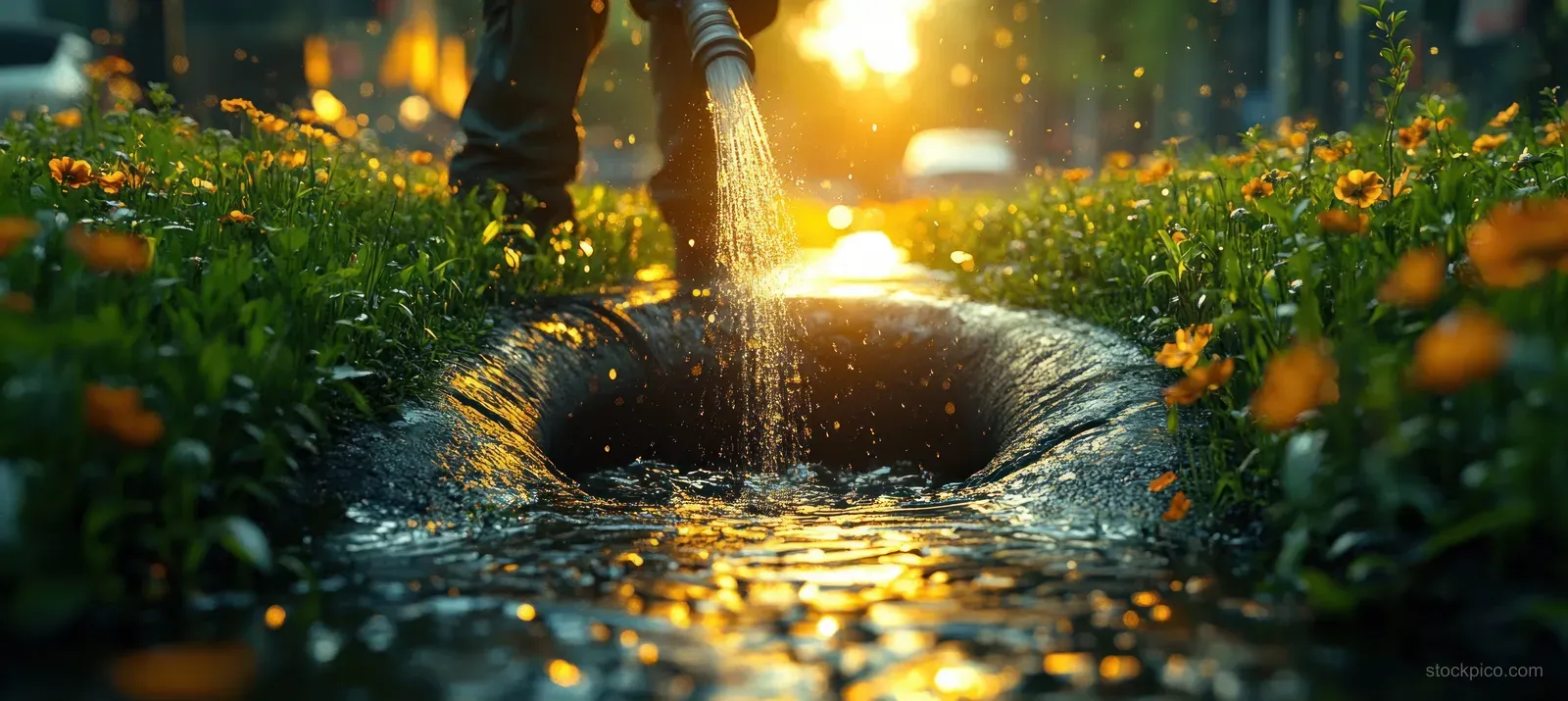 A sanitation worker sprays a hose into a sewer opening beside bright sunlit grass.