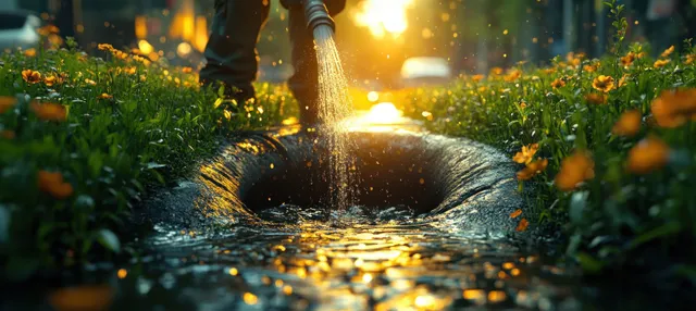 A sanitation worker sprays a hose into a sewer opening beside bright sunlit grass.
