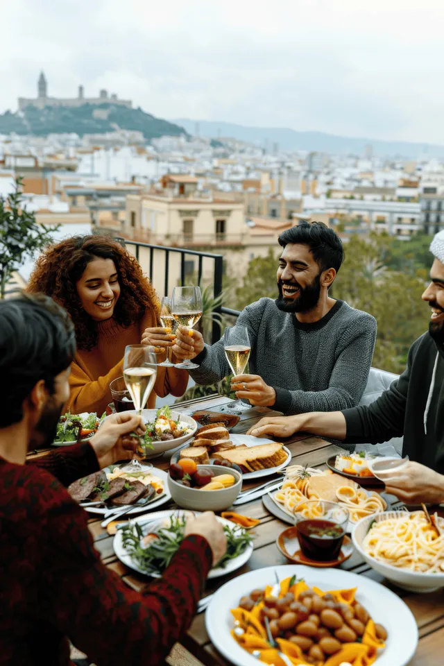 Amigos diversos sentados a una mesa en una azotea brindan con vino tinto durante una cena BBQ con vistas de la ciudad de Barcelona.